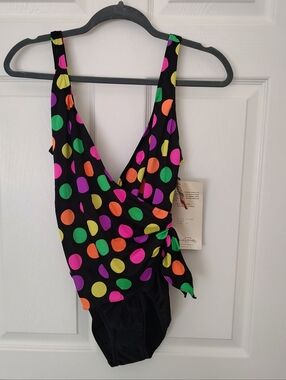 Vintage Oscar De La Renta One Piece Swimsuit Polk Dot Tie Waist Accent 90s NWT